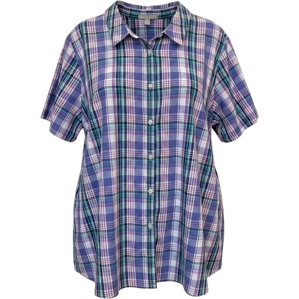Vintage Plaid Shirt Woman Within 4X Petite Purple Teal Cotton Blend Button Down